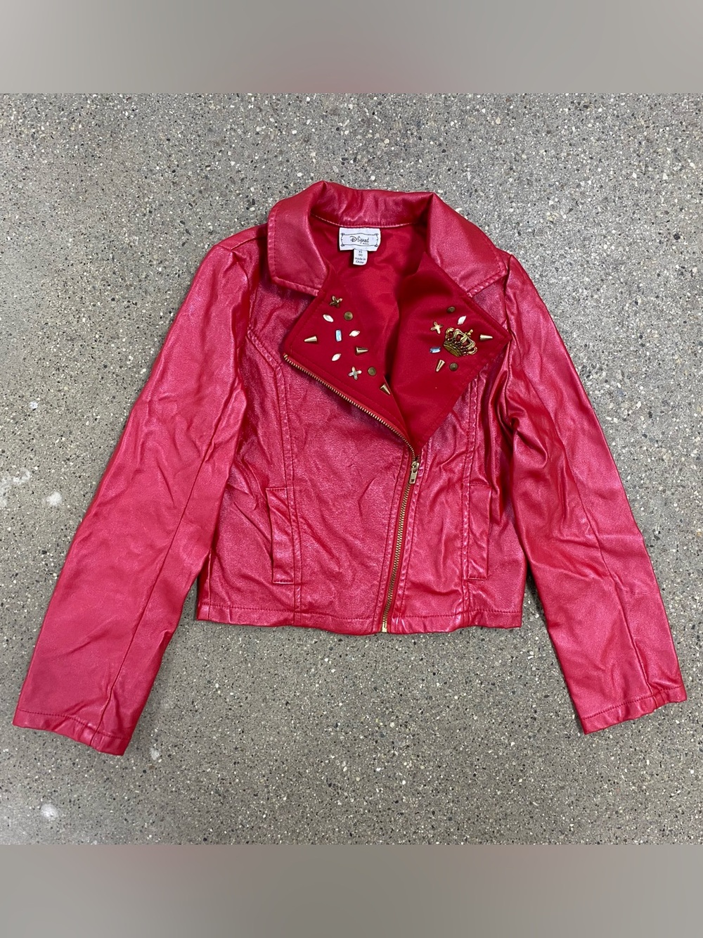DISNEY D-Signed Girls Faux Leather Neoprene Metallic Red Stud Moto Jacket